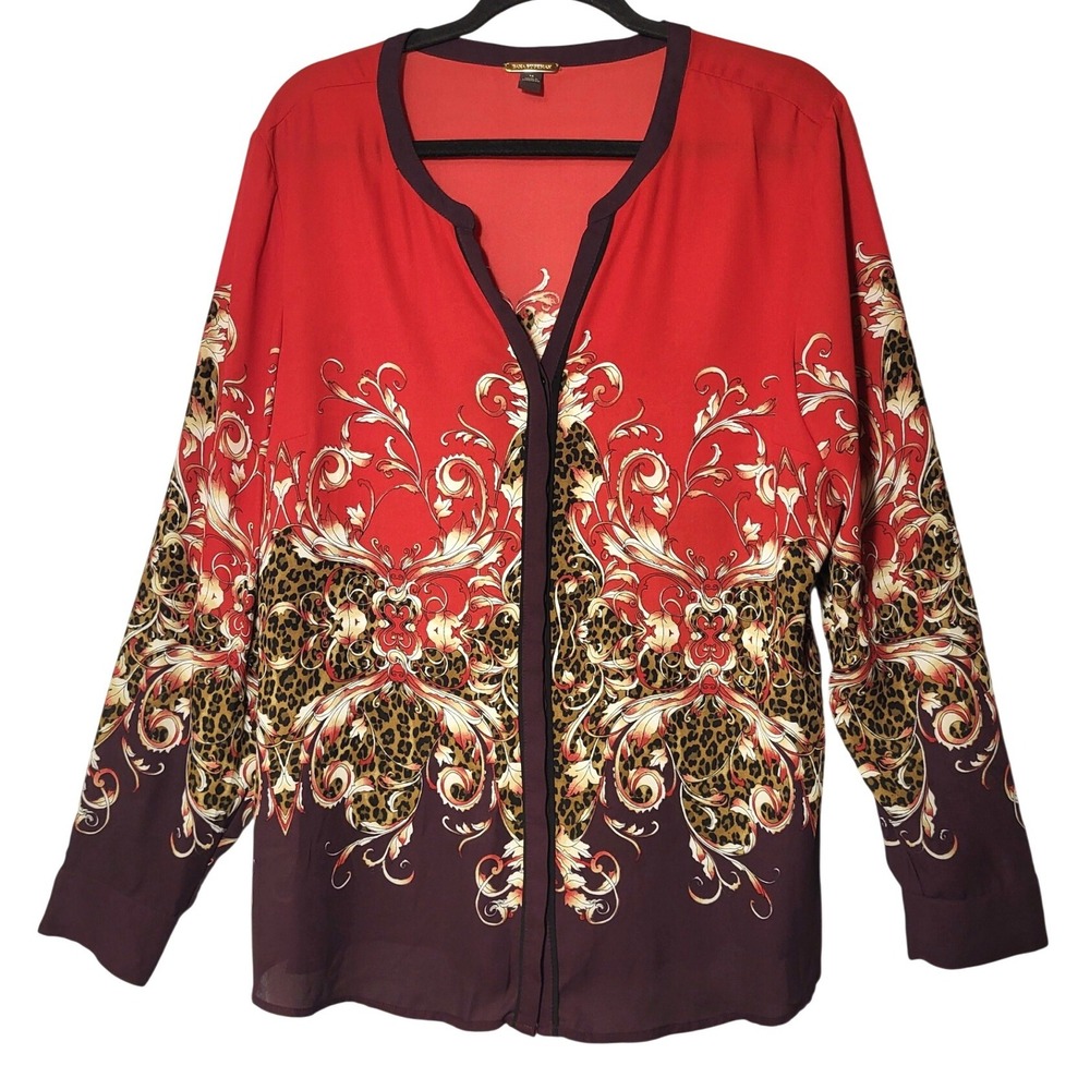 Dana Buchman Womens Red Purple Leopard Baroque Print Blouse Size 16 Office